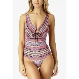 Anne Cole Striped One Piece Swimsuit Keyhole Front Size 14 New Black Pink